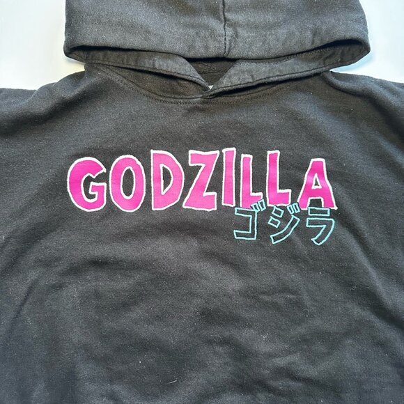 Official Toho Godzilla Hoodie Youth Large Black Neon City Kanji Back Print - Picture 3 of 11